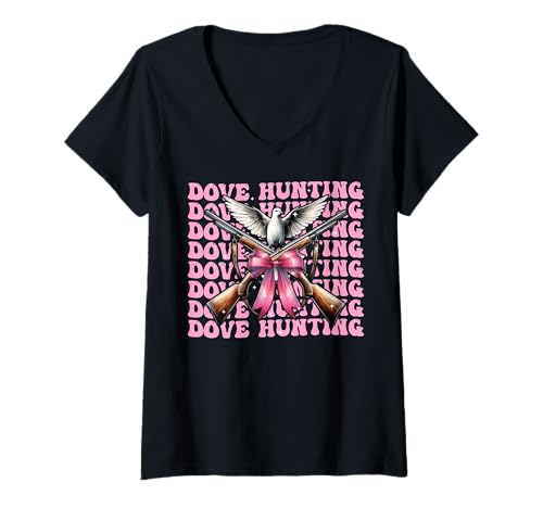 Damen Dove Hunter Taubenjagd Mädchen Kokette Schleife Rosa Band T-Shirt mit V-Ausschnitt von Womens Pink Coquette Bow Dove Hunter Hunting Gifts