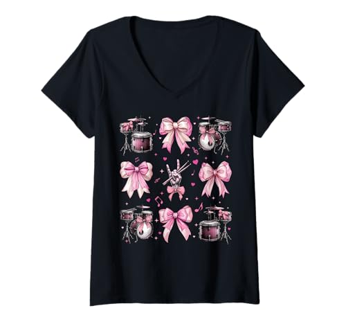 Damen Schlagzeuger Schlagzeug Instrument Girl Coquette Bow Pink Mom T-Shirt mit V-Ausschnitt von Womens Pink Coquette Bow Drummer Drums Gifts