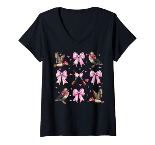 Damen Entenjagd, Entenjäger, für Mädchen, Kokettenschleife, rosa, Mama T-Shirt mit V-Ausschnitt Damen Entenjagd, Entenjäger, für Mädchen, Kokettenschleife, rosa, Mama T-Shirt mit V-Ausschnitt von Womens Pink Coquette Bow Duck Hunting Hunter Gifts