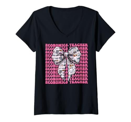 Damen Wirtschaftslehrer Economy Girl Kokette Schleife Rosa Band T-Shirt mit V-Ausschnitt Damen Wirtschaftslehrer Economy Girl Kokette Schleife Rosa Band T-Shirt mit V-Ausschnitt von Womens Pink Coquette Bow Economics Teacher Gifts