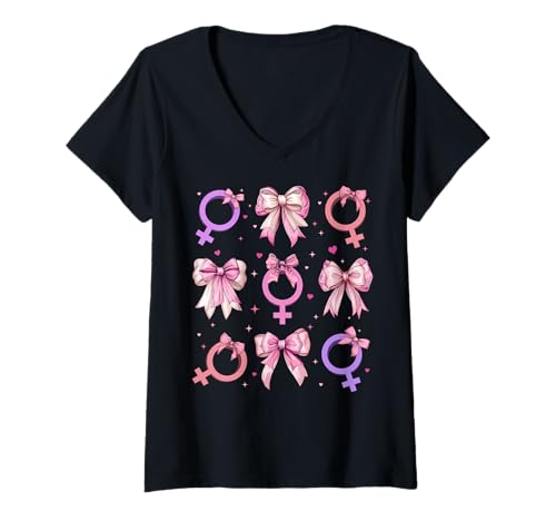 Damen Feministischer Feminismus Frauen Empowerment T-Shirt mit V-Ausschnitt von Womens Pink Coquette Bow Feminist Feminism Gifts