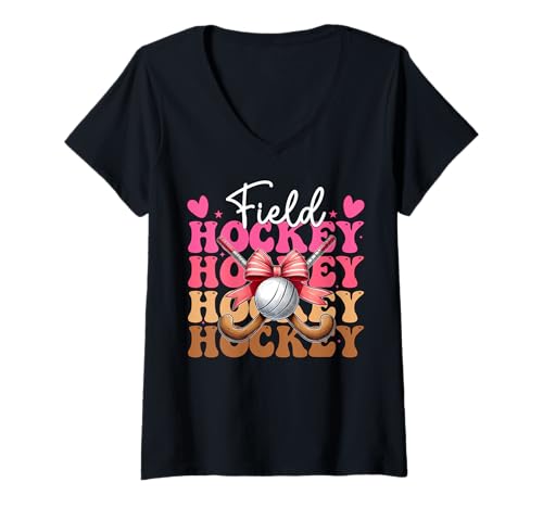Damen Feldhockey Mädchen Feldhockey Mama Muttertag Kokette Bogen T-Shirt mit V-Ausschnitt von Womens Pink Coquette Bow Field Hockey Player Gifts