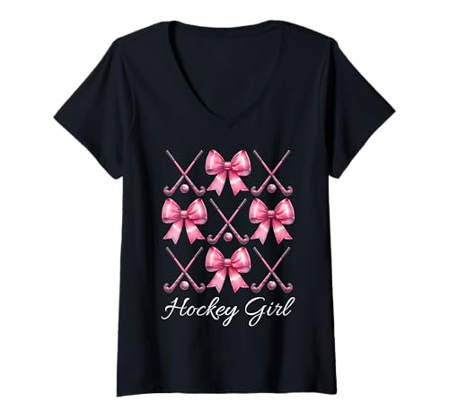Damen Hockey Girl Feldhockey Mädchen Kokette Bogen T-Shirt mit V-Ausschnitt von Womens Pink Coquette Bow Field Hockey Player Gifts