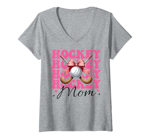 Damen Hockey Mom Feldhockey Mama Kokette Bogen T-Shirt mit V-Ausschnitt Damen Hockey Mom Feldhockey Mama Kokette Bogen T-Shirt mit V-Ausschnitt von Womens Pink Coquette Bow Field Hockey Player Gifts
