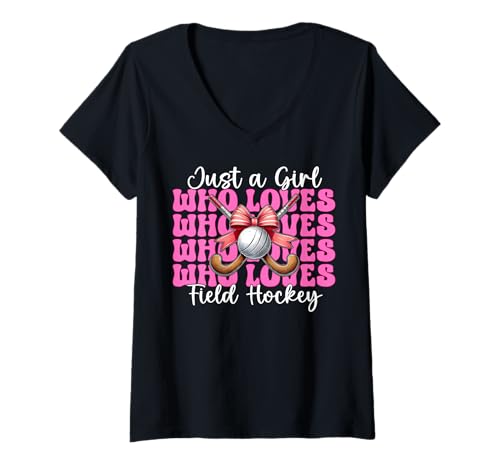 Damen Just A Girl Who Loves Feldhockey Girl Kokette Schleife T-Shirt mit V-Ausschnitt von Womens Pink Coquette Bow Field Hockey Player Gifts