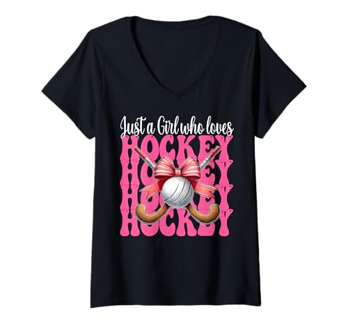 Damen Just A Girl Who Loves Hockey-Kokettschleife T-Shirt mit V-Ausschnitt von Womens Pink Coquette Bow Field Hockey Player Gifts