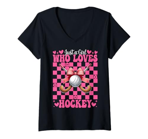 Damen Just A Girl Who Loves Hockey-Kokettschleife T-Shirt mit V-Ausschnitt von Womens Pink Coquette Bow Field Hockey Player Gifts