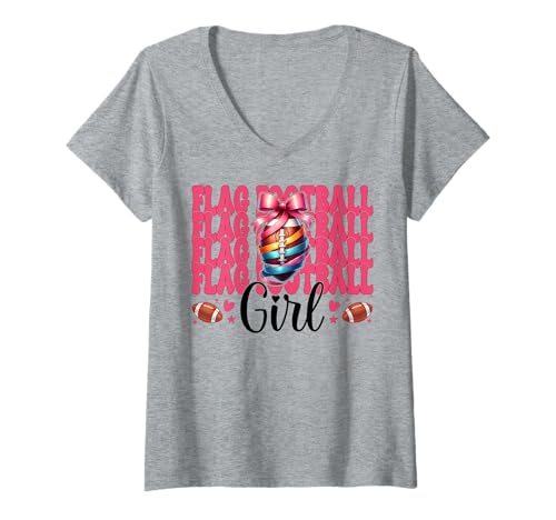 Damen Flagge Fußball Mädchen Kokette T-Shirt mit V-Ausschnitt von Womens Pink Coquette Bow Flag Football Gifts