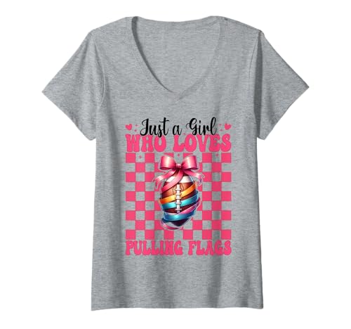 Damen Just A Girl Who Loves Flaggen-Fußballkokette T-Shirt mit V-Ausschnitt von Womens Pink Coquette Bow Flag Football Gifts