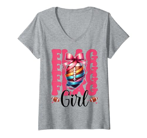 Damen flagge mädchen flagge fussball mädchen kokette T-Shirt mit V-Ausschnitt von Womens Pink Coquette Bow Flag Football Gifts