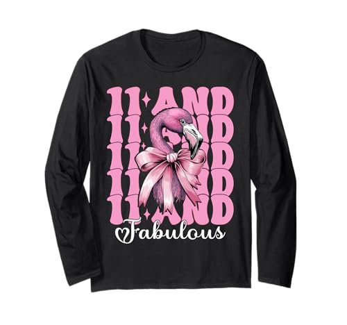 11 and Fabulous Flamingo Birthday 11 Jahre altes Mädchen Coquette Langarmshirt von Womens Pink Coquette Bow Flamingo Animal Gifts