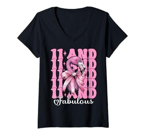 Damen 11 and Fabulous Flamingo Birthday 11 Jahre altes Mädchen Coquette T-Shirt mit V-Ausschnitt von Womens Pink Coquette Bow Flamingo Animal Gifts