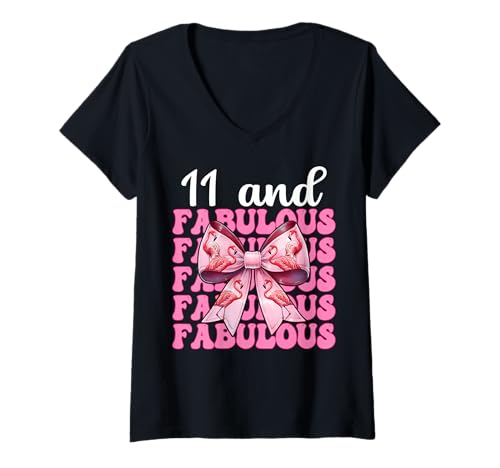 Damen 11 and Fabulous Flamingo Birthday 11 Jahre altes Mädchen Coquette T-Shirt mit V-Ausschnitt von Womens Pink Coquette Bow Flamingo Animal Gifts