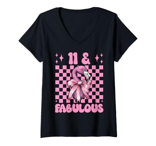 Damen 11 & Fabulous Flamingo Geburtstag 11 Jahre alt Mädchen Kokette T-Shirt mit V-Ausschnitt von Womens Pink Coquette Bow Flamingo Animal Gifts