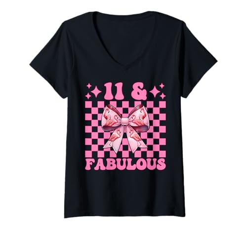 Damen 11 & Fabulous Flamingo Geburtstag 11 Jahre alt Mädchen Kokette T-Shirt mit V-Ausschnitt von Womens Pink Coquette Bow Flamingo Animal Gifts