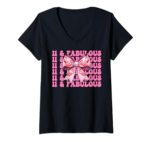 Damen 11 & Fabulous Flamingo Geburtstag 11 Jahre alt Mädchen Kokette T-Shirt mit V-Ausschnitt von Womens Pink Coquette Bow Flamingo Animal Gifts