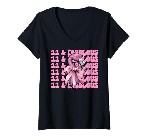 Damen 11 & Fabulous Flamingo Geburtstag 11 Jahre alt Mädchen Kokette T-Shirt mit V-Ausschnitt von Womens Pink Coquette Bow Flamingo Animal Gifts