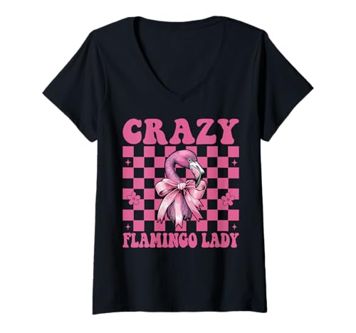 Damen Crazy Flamingo Lady Flamingo Girl Mama Rosa Kokettenschleife T-Shirt mit V-Ausschnitt von Womens Pink Coquette Bow Flamingo Animal Gifts
