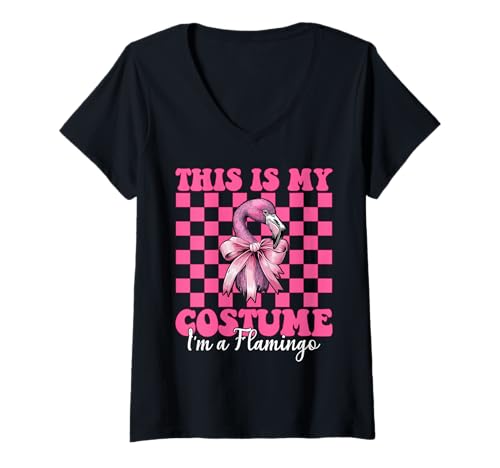Damen Das ist Mein Kostüm I'm A Flamingo Girl Mom Coquette Bow T-Shirt mit V-Ausschnitt von Womens Pink Coquette Bow Flamingo Animal Gifts