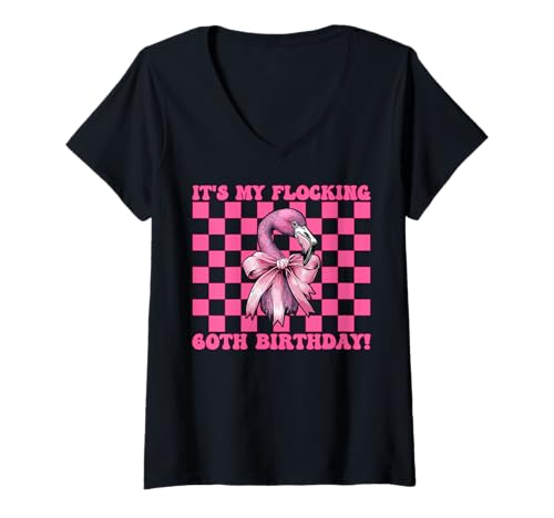 Damen Flamingo Birthday 60 Jahre alt My Flocking 60. Geburtstag! T-Shirt mit V-Ausschnitt von Womens Pink Coquette Bow Flamingo Animal Gifts