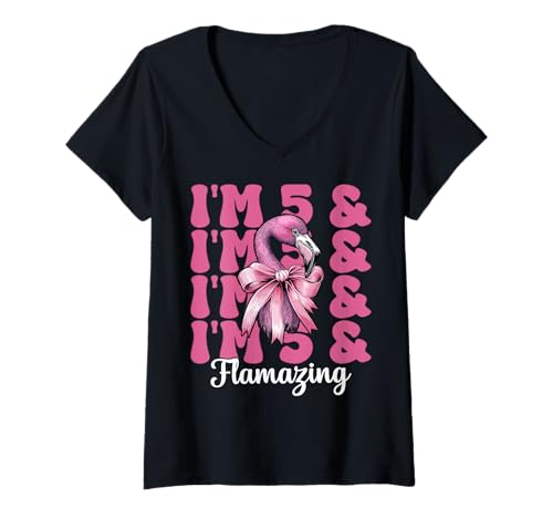 Damen Flamingo Geburtstag 5 Jahre alt Mädchen Kokette 5 & Flamazing T-Shirt mit V-Ausschnitt von Womens Pink Coquette Bow Flamingo Animal Gifts