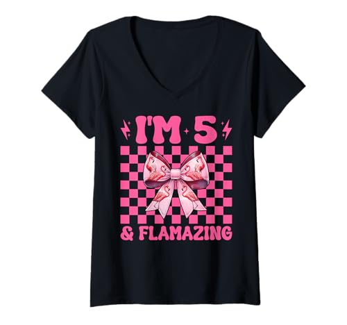 Damen Flamingo Geburtstag 5 Jahre alt Mädchen Kokette 5 & Flamazing T-Shirt mit V-Ausschnitt von Womens Pink Coquette Bow Flamingo Animal Gifts