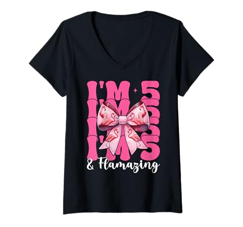 Damen Flamingo Geburtstag 5 Jahre alt Mädchen Kokette 5 & Flamazing T-Shirt mit V-Ausschnitt von Womens Pink Coquette Bow Flamingo Animal Gifts