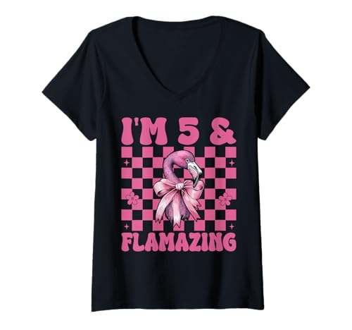 Damen Flamingo Geburtstag 5 Jahre alt Mädchen Kokette 5 & Flamazing T-Shirt mit V-Ausschnitt von Womens Pink Coquette Bow Flamingo Animal Gifts
