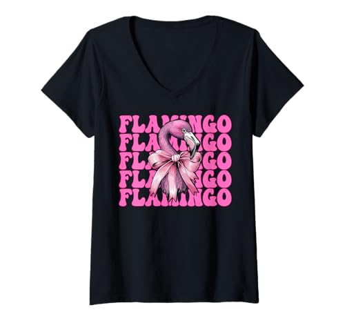 Damen Flamingo Girl Mom Rosa Kokette Schleife T-Shirt mit V-Ausschnitt von Womens Pink Coquette Bow Flamingo Animal Gifts