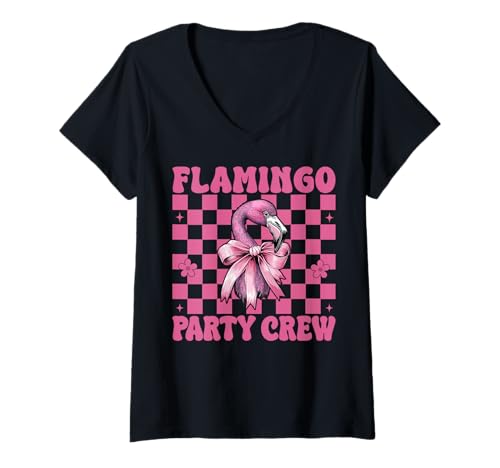 Damen Flamingo Party Crew Girl Mom Rosa Kokette Schleife T-Shirt mit V-Ausschnitt von Womens Pink Coquette Bow Flamingo Animal Gifts