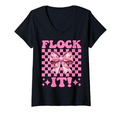 Damen Flock It! Lustige Flamingo-Schleife für Mädchen, Mutter, Rosa T-Shirt mit V-Ausschnitt von Womens Pink Coquette Bow Flamingo Animal Gifts