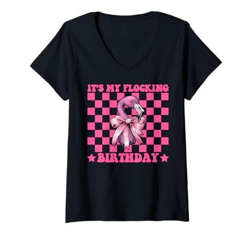 Damen Lustiger Flamingo Girl Mom Coquette It's My Flocking Birthday T-Shirt mit V-Ausschnitt von Womens Pink Coquette Bow Flamingo Animal Gifts