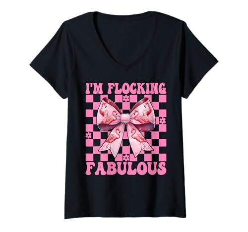 Damen Lustiger Flamingo Girl Mom Pink Coquette I'm Flocking Fabulous T-Shirt mit V-Ausschnitt von Womens Pink Coquette Bow Flamingo Animal Gifts