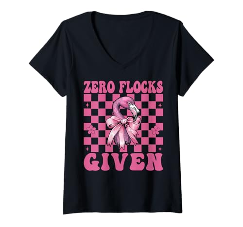 Damen Lustiger Flamingo-Mädchen, Mama, rosa Kokette mit Schleife, Zero Flocks Given T-Shirt mit V-Ausschnitt von Womens Pink Coquette Bow Flamingo Animal Gifts