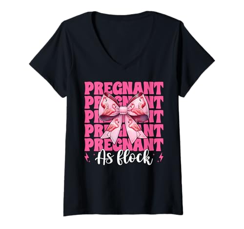 Damen Lustiger Flamingo Schwangerschaft Mama Muttertag schwanger als Flock T-Shirt mit V-Ausschnitt von Womens Pink Coquette Bow Flamingo Animal Gifts