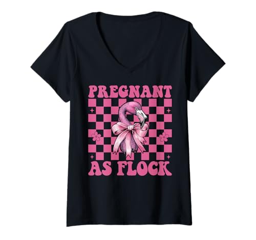 Damen Lustiger Flamingo Schwangerschaft Mama Muttertag schwanger als Flock T-Shirt mit V-Ausschnitt von Womens Pink Coquette Bow Flamingo Animal Gifts