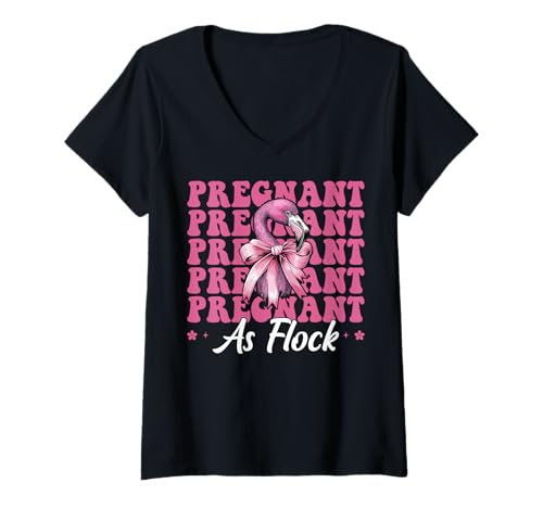 Damen Lustiger Flamingo Schwangerschaft Mama Muttertag schwanger als Flock T-Shirt mit V-Ausschnitt von Womens Pink Coquette Bow Flamingo Animal Gifts