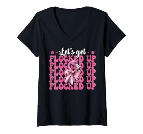 Damen Lustiges Flamingo-Mädchen, Mama, rosa Kokette Let's Get Flocked Up T-Shirt mit V-Ausschnitt von Womens Pink Coquette Bow Flamingo Animal Gifts