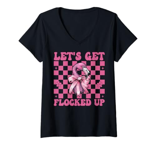 Damen Lustiges Flamingo-Mädchen, Mama, rosa Kokette Let's Get Flocked Up T-Shirt mit V-Ausschnitt von Womens Pink Coquette Bow Flamingo Animal Gifts