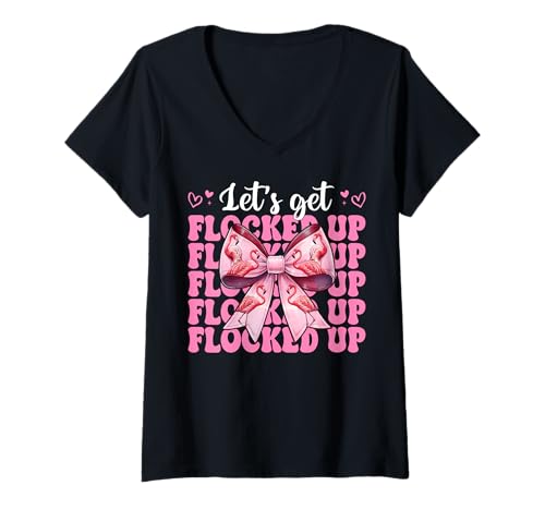 Damen Lustiges Flamingo-Mädchen, Mama, rosa Kokette Let's Get Flocked Up T-Shirt mit V-Ausschnitt Damen Lustiges Flamingo-Mädchen, Mama, rosa Kokette Let's Get Flocked Up T-Shirt mit V-Ausschnitt von Womens Pink Coquette Bow Flamingo Animal Gifts