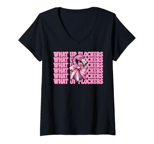 Damen Lustiges Flamingo-Mädchen, rosa Kokette mit Schleife, Motiv „What Up Flocker“ T-Shirt mit V-Ausschnitt von Womens Pink Coquette Bow Flamingo Animal Gifts