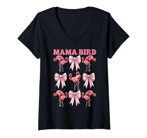 Damen Mama Bird Flamingo Mama Muttertag Rosa Kokette Schleife T-Shirt mit V-Ausschnitt von Womens Pink Coquette Bow Flamingo Animal Gifts