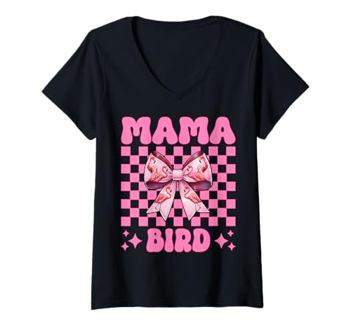 Damen Mama Bird Flamingo Mama Muttertag Rosa Kokette Schleife T-Shirt mit V-Ausschnitt von Womens Pink Coquette Bow Flamingo Animal Gifts