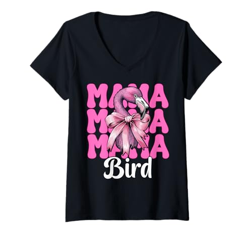 Damen Mama Bird Flamingo Mama Muttertag Rosa Kokette Schleife T-Shirt mit V-Ausschnitt von Womens Pink Coquette Bow Flamingo Animal Gifts