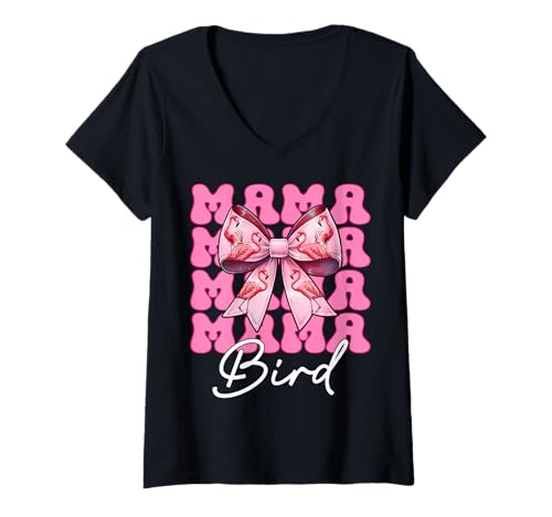 Damen Mama Bird Flamingo Mama Muttertag Rosa Kokette Schleife T-Shirt mit V-Ausschnitt von Womens Pink Coquette Bow Flamingo Animal Gifts