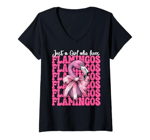 Damen Nur EIN Mädchen, das Flamingos liebt Flamingo Girl Coquette Bow T-Shirt mit V-Ausschnitt von Womens Pink Coquette Bow Flamingo Animal Gifts