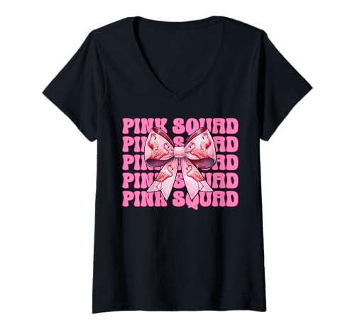 Damen Pink Squad Flamingo Girl Mom Rosa Kokette Schleife T-Shirt mit V-Ausschnitt von Womens Pink Coquette Bow Flamingo Animal Gifts
