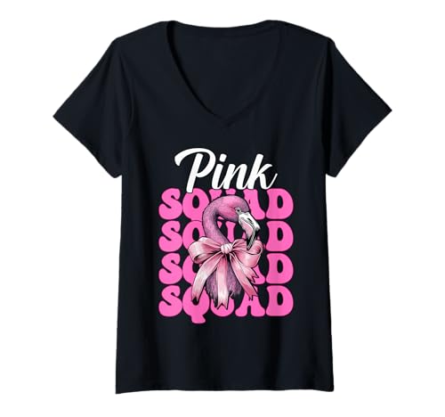 Damen Pink Squad Flamingo Girl Mom Rosa Kokette Schleife T-Shirt mit V-Ausschnitt von Womens Pink Coquette Bow Flamingo Animal Gifts