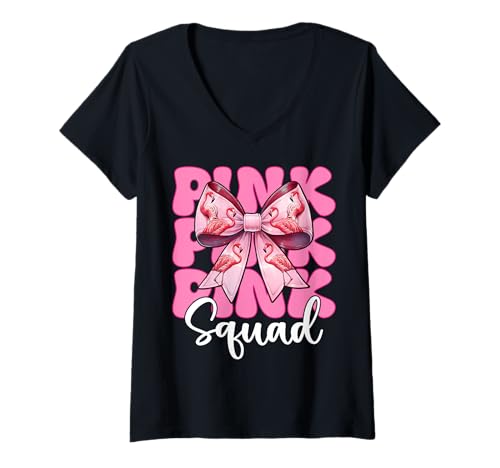 Damen Pink Squad Flamingo Girl Mom Rosa Kokette Schleife T-Shirt mit V-Ausschnitt von Womens Pink Coquette Bow Flamingo Animal Gifts
