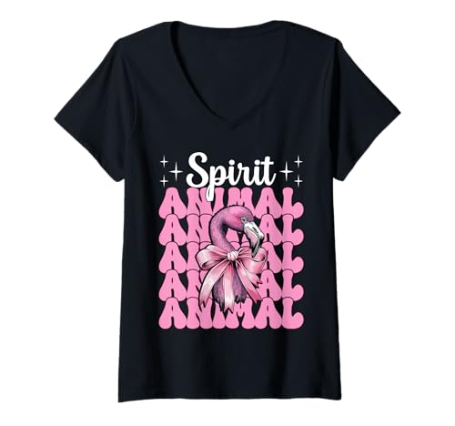 Damen Spirit Animal Flamingo Girl Mom Rosa Kokette Schleife T-Shirt mit V-Ausschnitt von Womens Pink Coquette Bow Flamingo Animal Gifts
